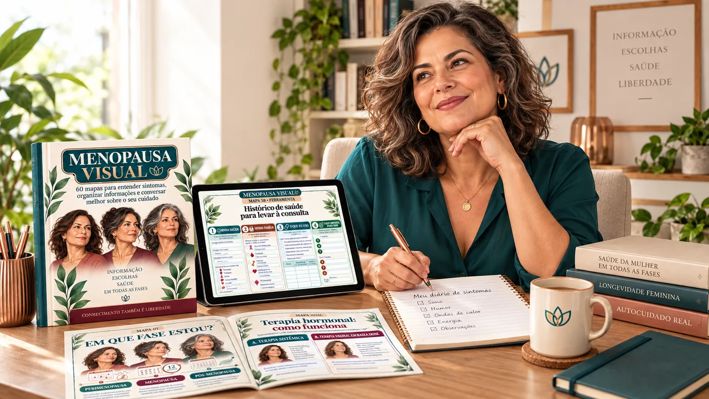 Mulher madura preenchendo o diário de sintomas ao lado do Menopausa Visual aberto e do tablet com o histórico de saúde