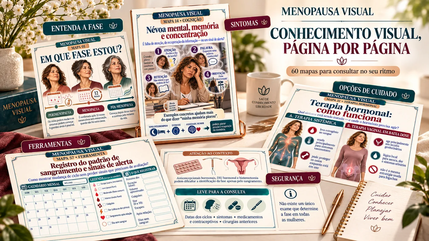 Páginas abertas do Menopausa Visual: Em que fase estou?, Névoa mental e memória, Terapia hormonal e Registro do padrão de sangramento