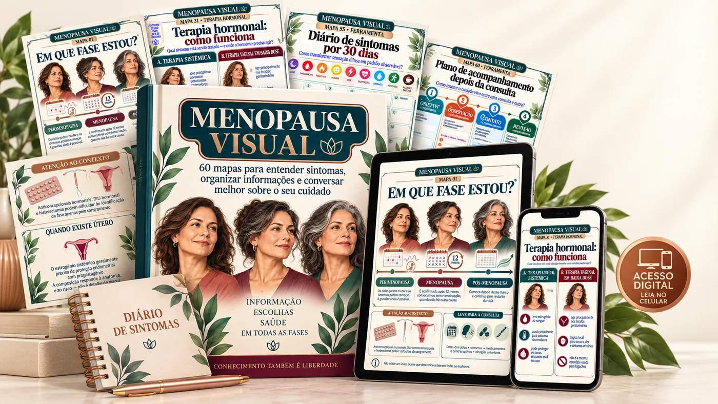 Menopausa Visual em destaque: capa do guia, tablet e celular com o mapa Em que fase estou?, e páginas de terapia hormonal, diário de sintomas e plano pós-consulta