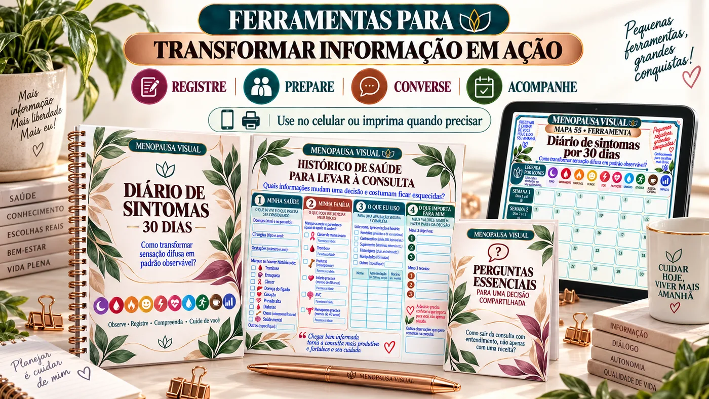 Ferramentas do Menopausa Visual: Diário de sintomas de 30 dias, Histórico de saúde para levar à consulta e Perguntas essenciais