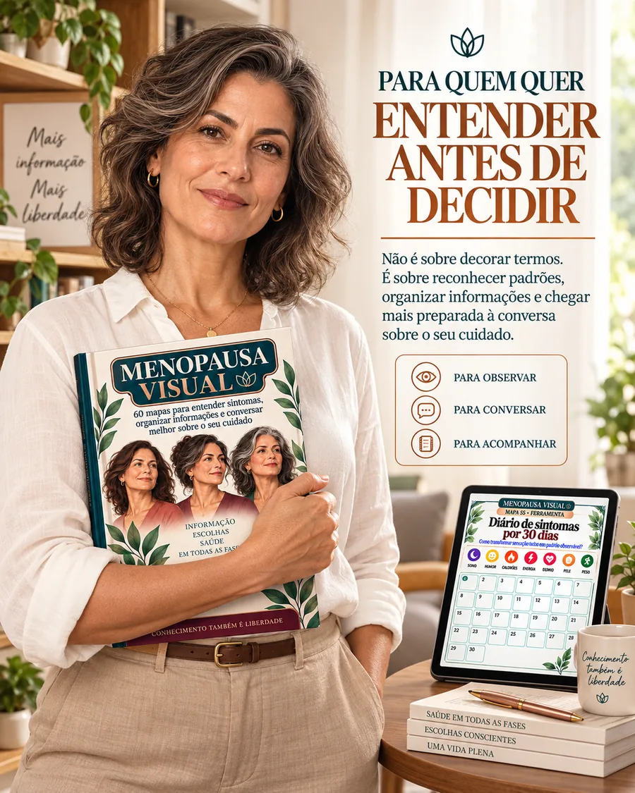 Mulher madura segurando o Menopausa Visual, com tablet mostrando o Diário de sintomas por 30 dias