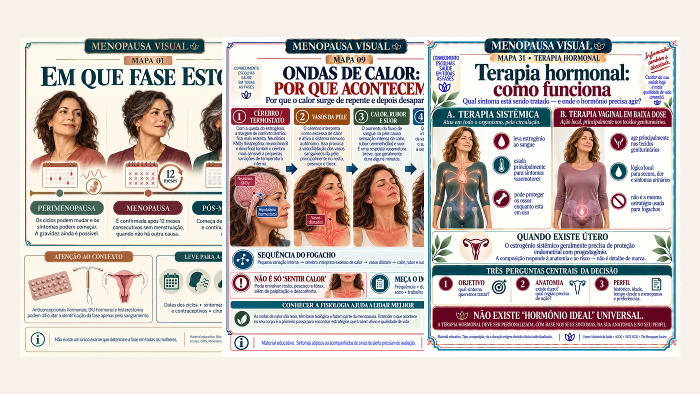 Três mapas do Menopausa Visual: Em que fase estou?, Ondas de calor e Terapia hormonal